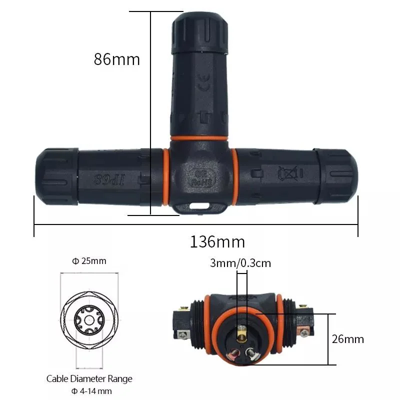 Yxy 3 Way 3 Pin Street Light Cable Diameter 14mm IP68 Waterproof Connector